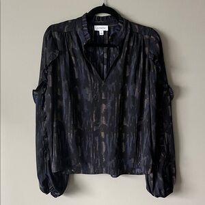 Evereve Deep Navy, Purple, & Mauve Patterned Blouse with Ruffled Sleeve Detail